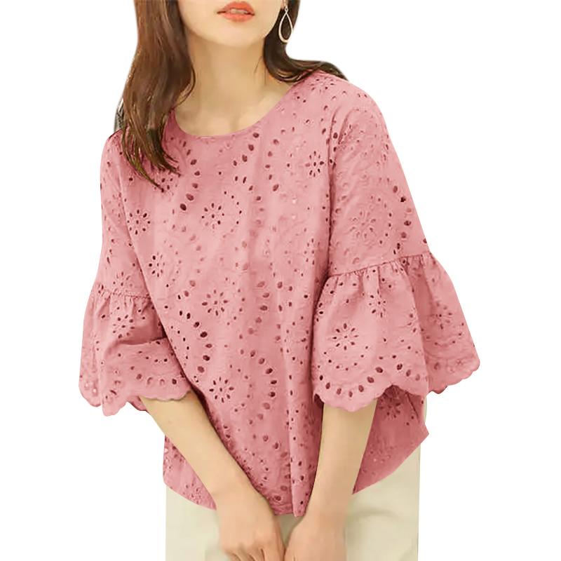 

ZANZEA Женская повседневная блузка с круглым вырезом, рукавами 3/4, свободная, кружевная, вязаная крючком S