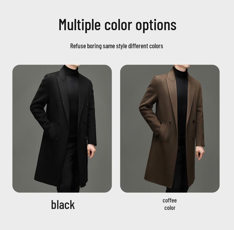 Men's 100% Wool Double-Faced Double-Breasted Lapel Collar Business Casual Long Coat
