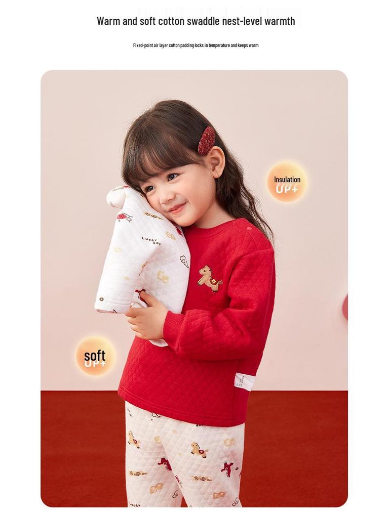 Antibacterial Quilted Children's Autumn/Winter Pajamas Set - Red Top & Pants for Boys and Girls