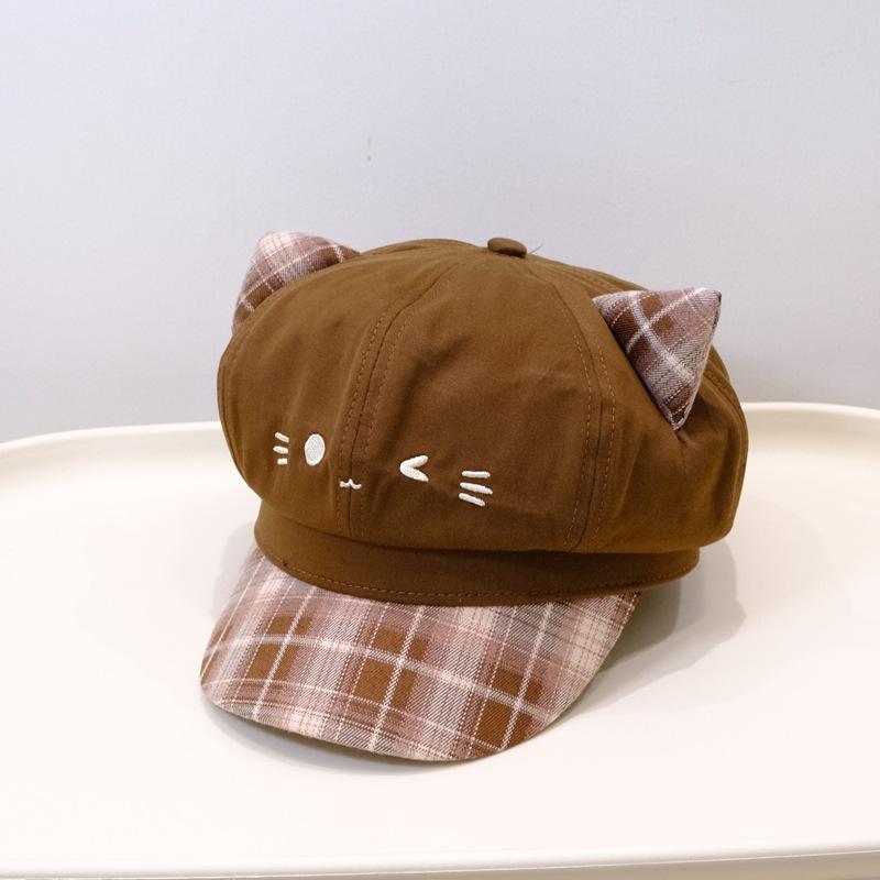 Plaid three-dimensional cartoon embroidered octagonal hat lady cute newsboy hat girl shade beret hat
