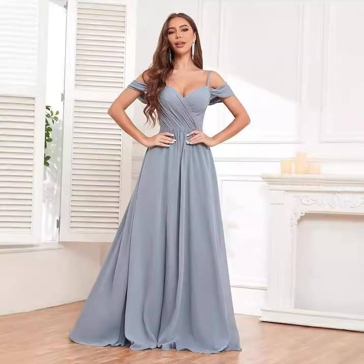 1011 new evening dress European and American bridesmaid dress suspender long dress solid color banquet evening dress