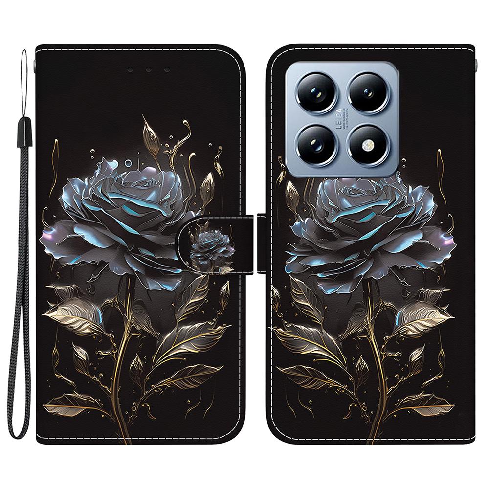 

For Xiaomi 14T Pro Wallet Phone Case Anti-Drop Leather Flip Cover Pattern Printing Black Rose
