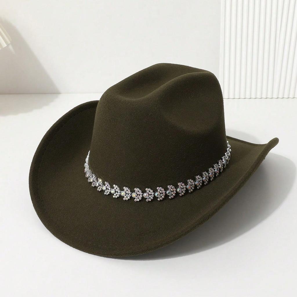 Western cowboy hat color three-dimensional hollow bright diamond handmade casual felt hat travel party festival party jazz hat