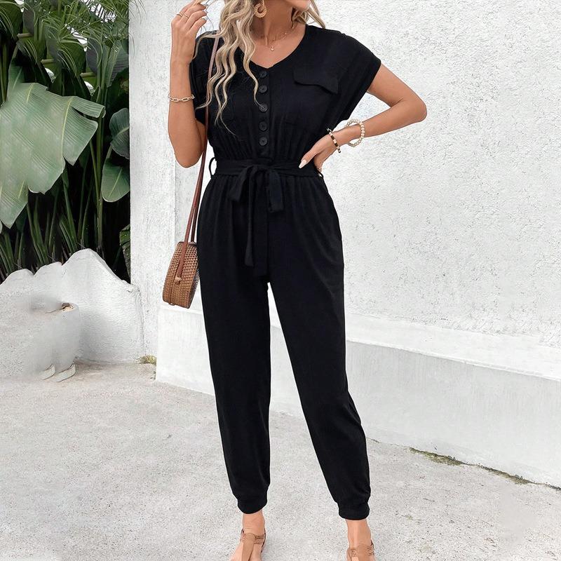 Women's Casual Jumpsuits Tied Short-sleeved Black Ties