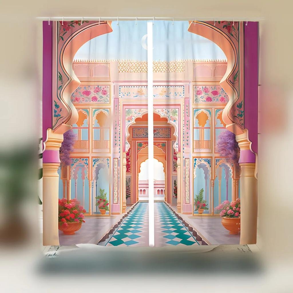 2pcs Translucent Polyester Window Curtain Ramadan Lamp Arch Moon Star Lantern Holiday Decor Living Room Bedroom Office Home