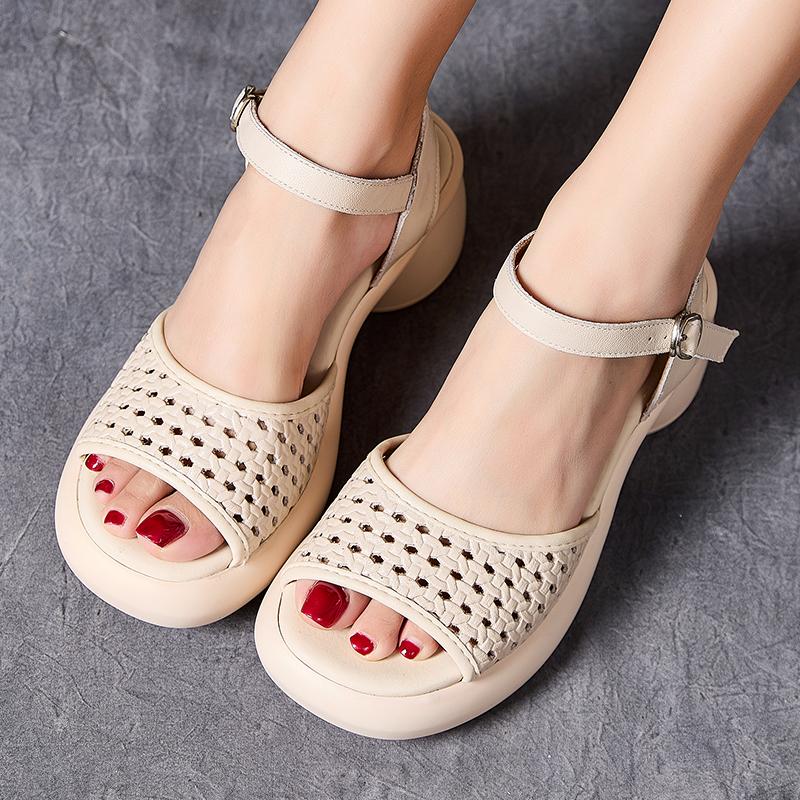 GKTINOO Genuine Leather Retro High Heels Sandals Women Shoes Buckle Strap 2025 New Spring Summer Wedges Lady Platform Sandals