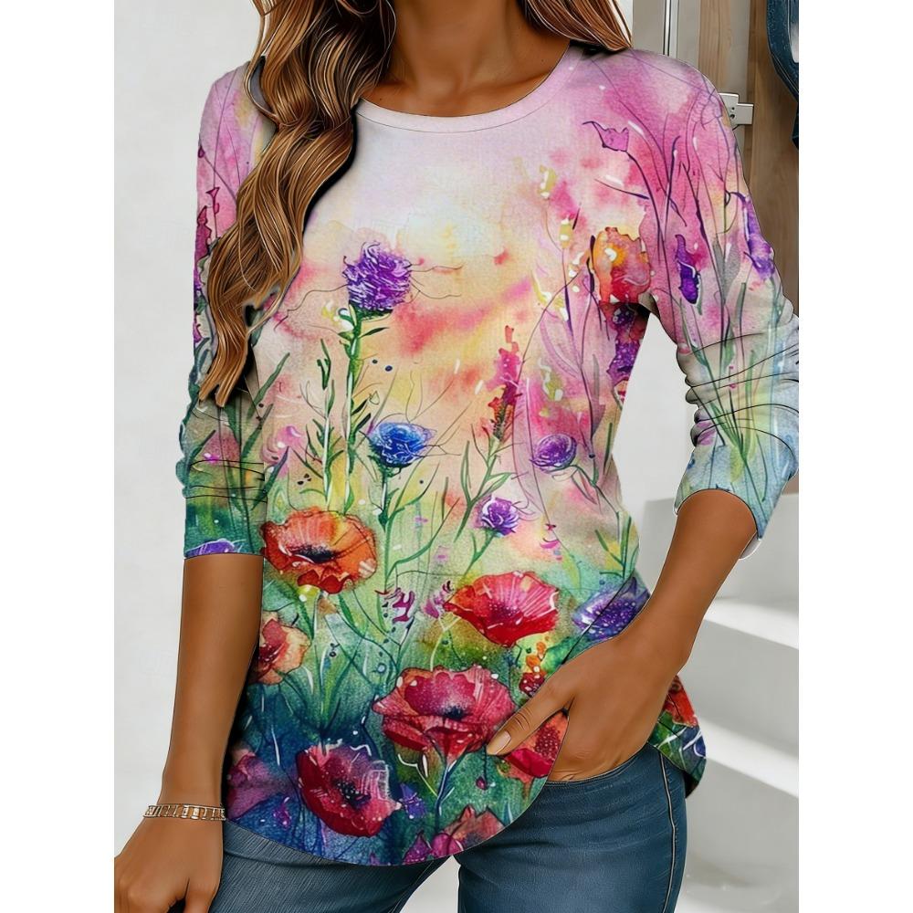 Women's Blue Flower Watercolor Printed Long Sleeve
