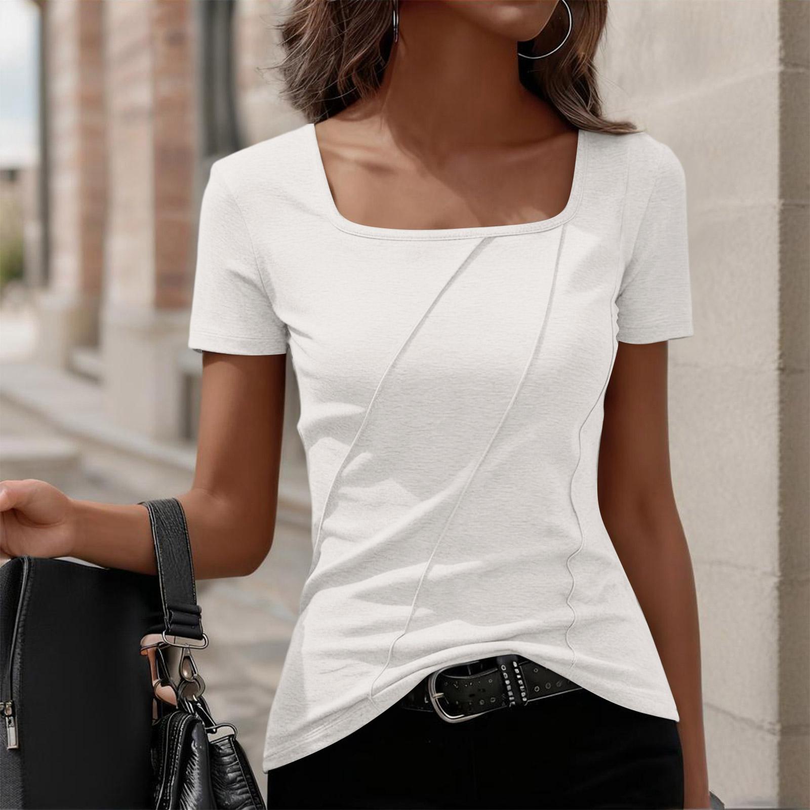 

Women’s Fashion Elegant Square Neck Short Sleeve T-Shirt Top with Stripe for Casual and Office Wear S білий
