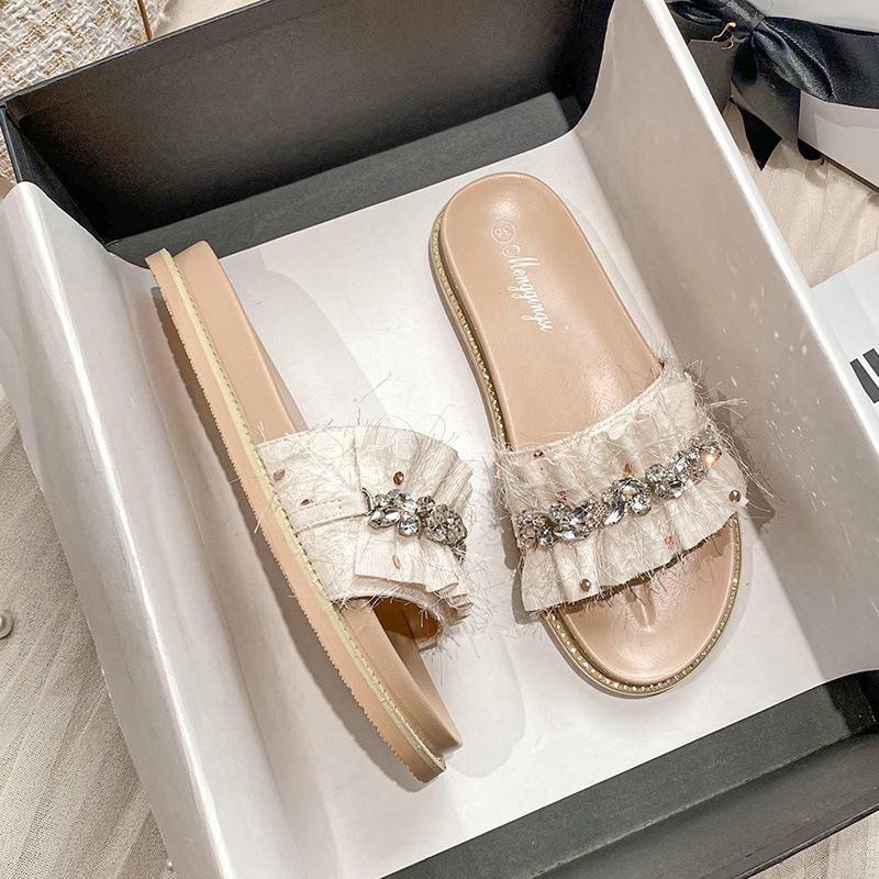 

Шлепанцы на толстой подошве женские летние для улицы новые модные на толстой подошве с перемычкой, украшенные стразами и цепочкой, на плоской подошве, крутые шлепанцы 43 абрикосовый