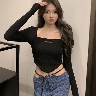 Women T-Shirt Skinny Square Neck Pullover T-Shirt Long Sleeve Short Basic Top Casual Cropped Tops