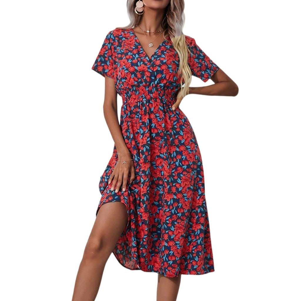 Women's Dresses Casual Small Floral Printed V-Neck Short Sleeve Dresses