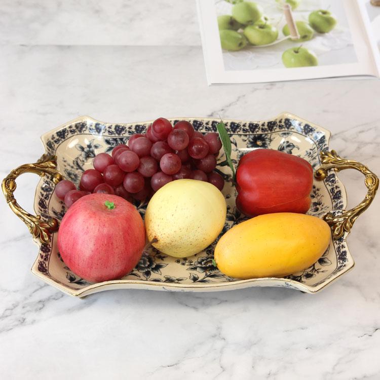 European-style Luxury Ceramic Fruit Tray with Handles Soft Ornaments High Quality Storage Trays Dried Fruit Plate