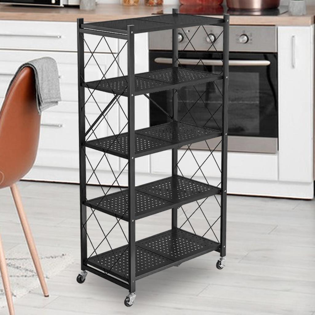Foldable Storage Rack with Wheels Metal Display Shelf Bookshelf Shelving Unit Trolley Utility Cart for Kitchen Classroom Dorm