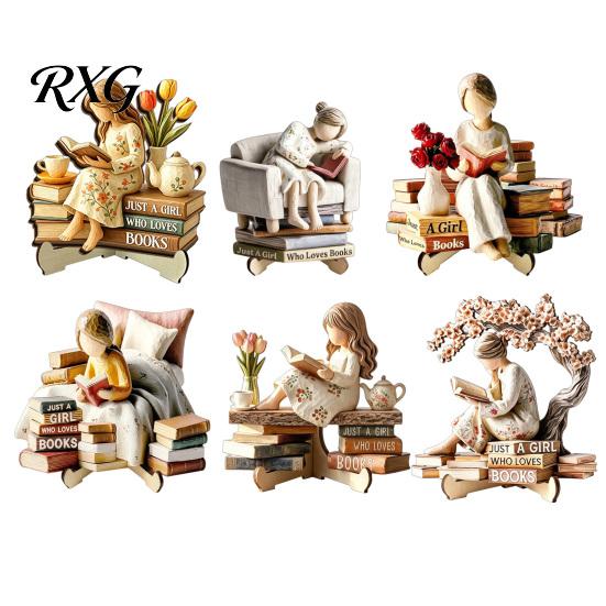 Minimalist Shelf Decor Sculpture Wooden Reading Girl Figurine, Stable Pastoral Style Statue Desktop Base Craft Decor, Artistic Healing Ornament,