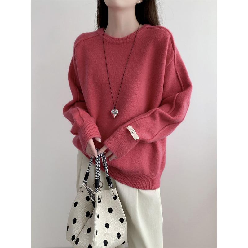 Retro round neck solid color versatile pullover sweater women's autumn and winter new loose and thin knitted sweater top