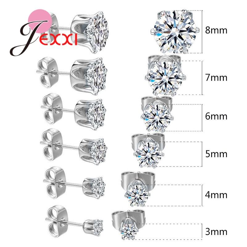 Fine 925 Sterling Silver Jewelry Earrings Clear Cubic Zircon 3MM 4MM 5MM 6MM 7MM 8MM Mix Size 6 Pairs Women Men Ear Accessories