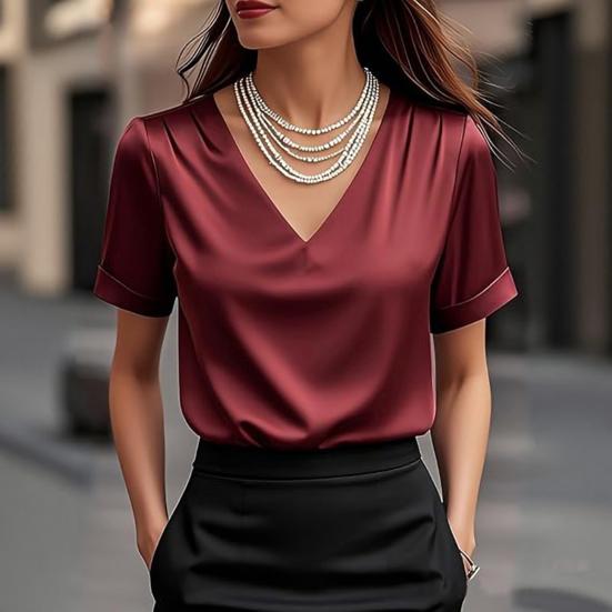 Damen T-Shirt Einfarbige Lockere Passform Glattes Satin V-Ausschnitt Kurzarm Oberteile Sommer Lässiges T-Shirt Tägliche Kleidung
