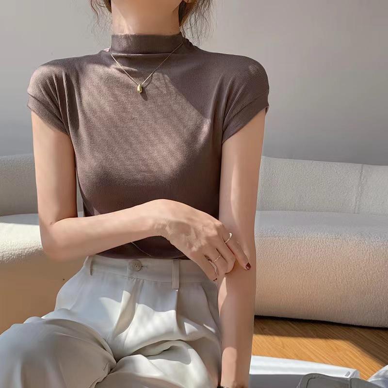 

2025 Женская облегающая повседневная футболка с коротким рукавом и высоким воротником Double Extra Large темные хаки