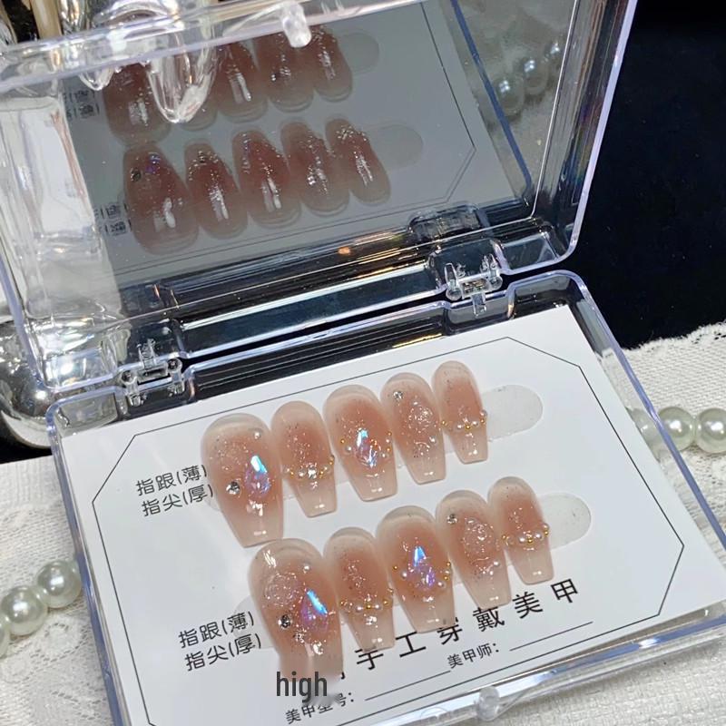 Wearable Handmade Aurora Diamond Camellia Nude False Nail Tips