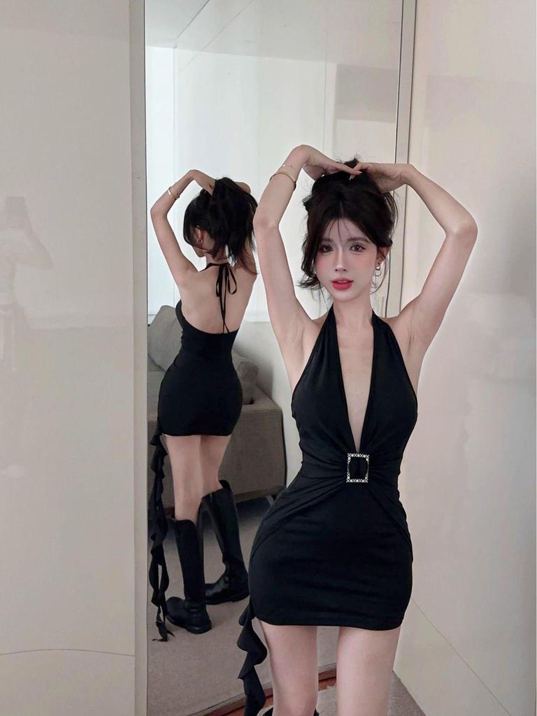 Spicy V-Neck Halter Strap Sleeveless Dress – Women's Summer Elegant Waist-Cinching Slimming Short Skirt