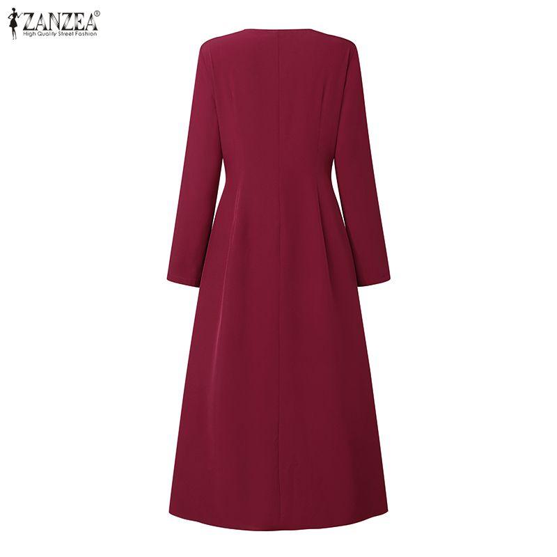 ZANZEA Dames Vierkante Hals Lange Mouwen Geplooide Hoge Taille Elegante Feest Midi Jurk