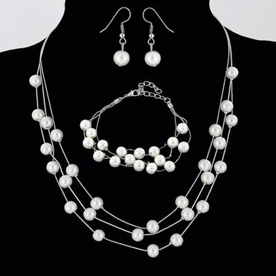 Damen-Schmuckset, Halskette, Armband, Ohrringe, Kunstperlen-Dekor, mehrlagige Halskette, verstellbar, rostfrei, leichte Pullover-Kette, Damen-Ohr