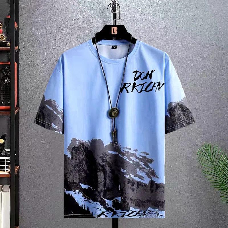 Summer T-shirt Men's New Trendy Ice Silk Trousers Suit Korean Version Large Size Casual Men's Ins Trend Wild and Handsome