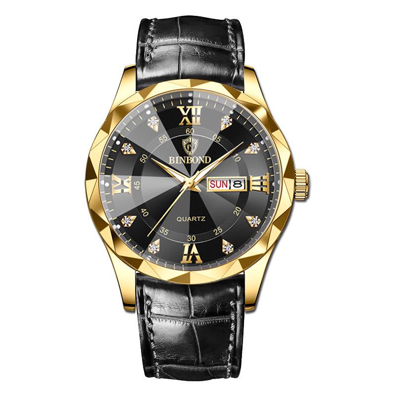 BINBOND Men s Genuine Leather Waterproof Quartz Watch - Casual Fashion Business Style