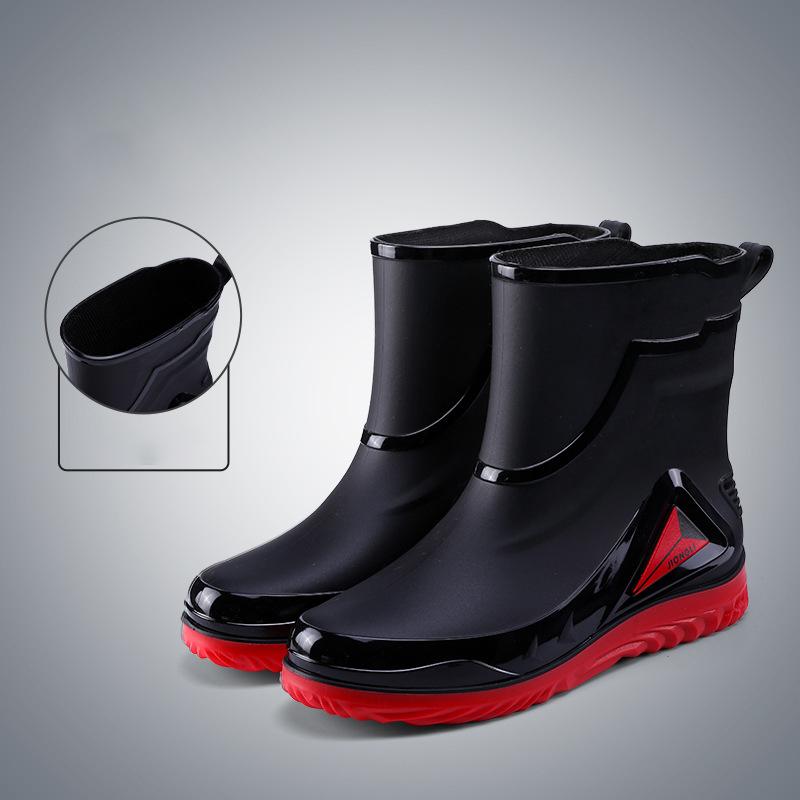 Winter Warm Fur Rain Boots Men's Waterproof Drawstring Shoes Non-Slip Flat Fashion Take Out Rider Autumn Summer Spring Black Red