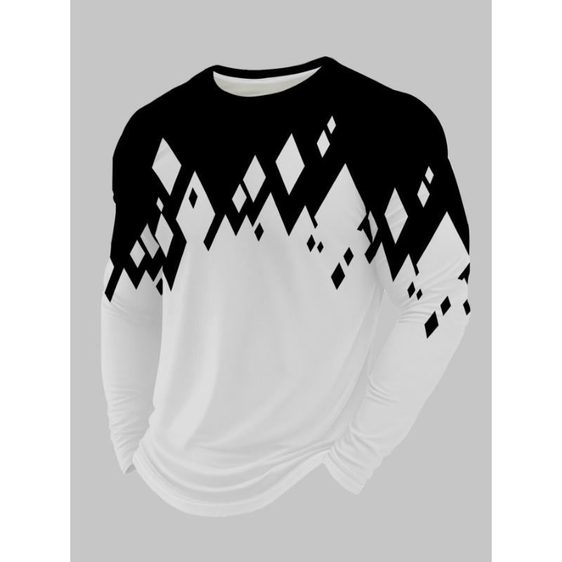Herren Rundhals Langarm T-Shirt mit Geometrischem Muster Mode Lässig Slim Fit Oberteil für Junge Männer