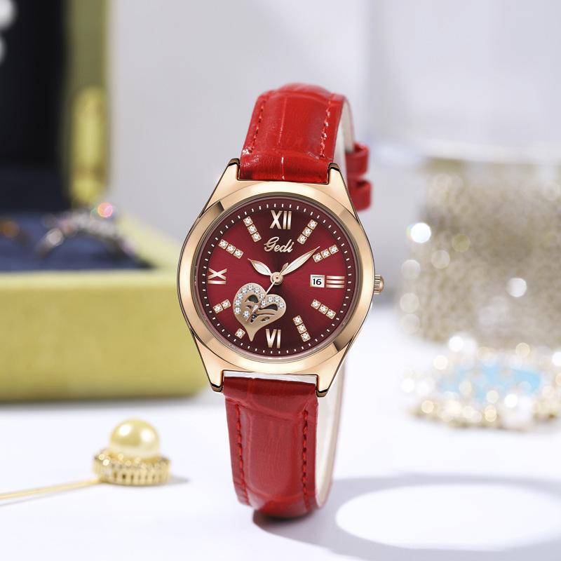 High-End Calendar Watch Light Luxury Diamond-Encrusted High-Value Hollow Women'S Watch Big Red Leather Quartz Watch
