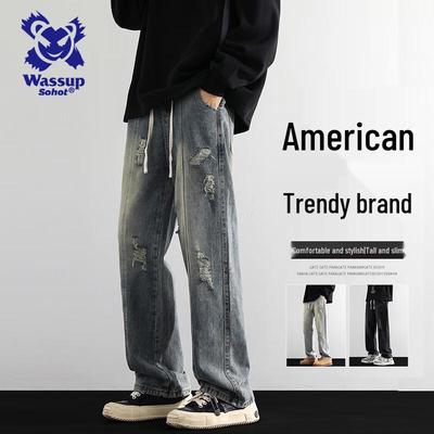 Wassup Sohot Men's Vintage Ripped Straight-Leg Jeans
