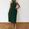 Women's Fashionable Sexy Solid Color Hanging Neck Backless Vacation Sleeveless Pleated Dress