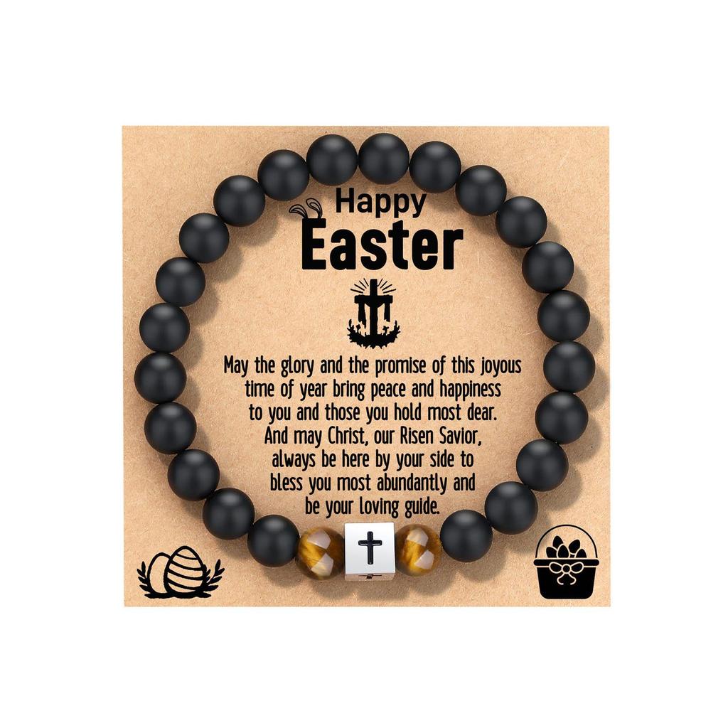 Black Matte Stone & Tiger Eye Square Cross Pendant Bracelet
