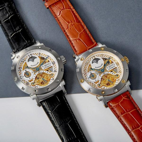 [Ticento]Men's Sun & Moon Automatic Leather Watch TS50051WTBK + Shopping Bag, Korean Luxury Watches