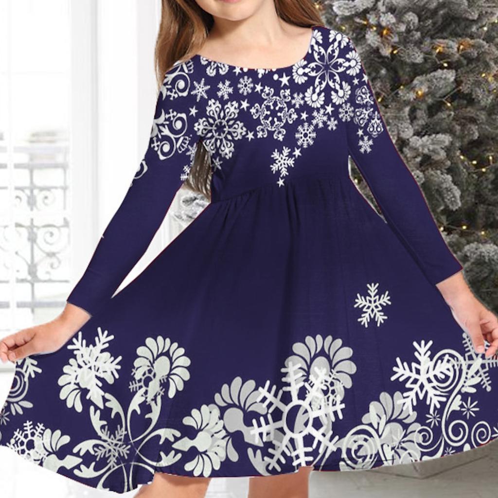 Spring Girl Casual 3D Red Flower Snowflake Print Round Neck Long Sleeve Dress Kid Princess Dress