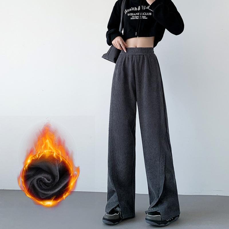 700g Plus Aksamitowe Spodnie z Szerokimi Nogawkami Jesienno-Zimowe Ciepłe i Codzienne Nowy Styl Luźne Trójwymiarowe Wykończenie Rozcięcie Wysoki Stan Spodnie Sportowe