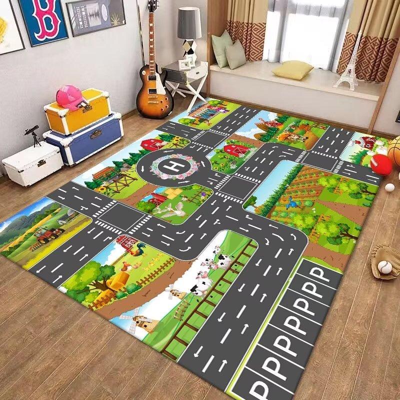 Kids Playroom Carpet Soft Non-Slip Baby Crawling Mat with Traffic Route Map Design for Bedroom Living Room