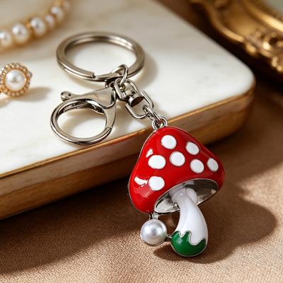 Zinc Alloy Keychain Pendant, Dripping Process Key Ring with Imitation Pearl Cartoon Mushroom Shape, Multiple Colors Bag Charm