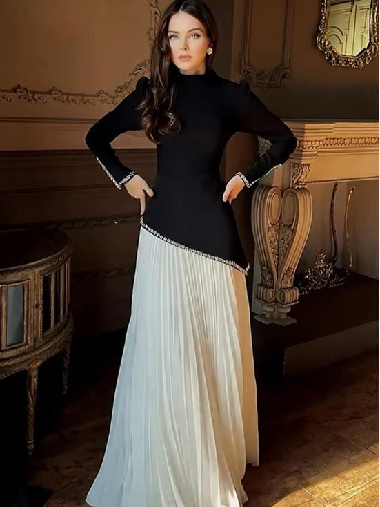 2026 Autumn European & American Solid Color Long Dress with Elegant Hot Drilling - French Two-Piece Set.