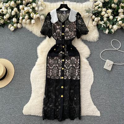 Yüksek Kaliteli Kadın Nakış Uzun Midi Elbise Yaz Yaka Boyun Kısa Kollu Vintage Bayanlar Ofis Çalışması Dantel Kalem Sundress