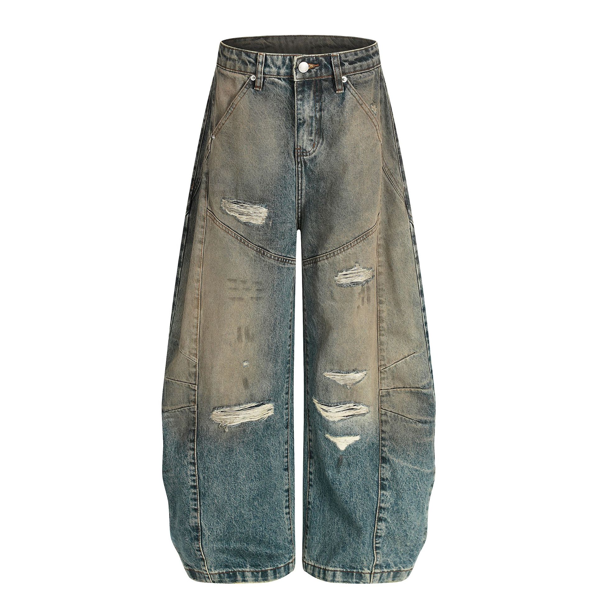 American street wasteland wind damage washed jeans design sense scimitar wide leg pants men S