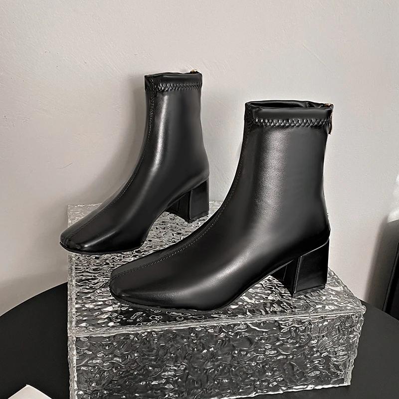 

Fashion Hot Selling Square Head Ankle Boots Women 2025 Autumn New Fashion High Heel Soft Leather Comfortable Back Zip Short Riding Boots 35 чёрный
