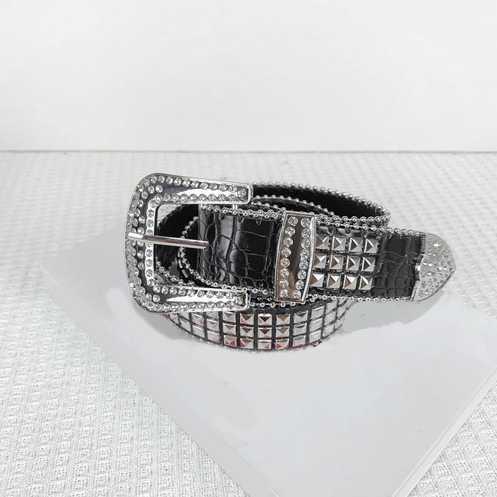 Rivet Waist Belt with Diamond Pin Buckle for Adult Personality PU Waist Belts for Women Coat Dress Adjustable Length