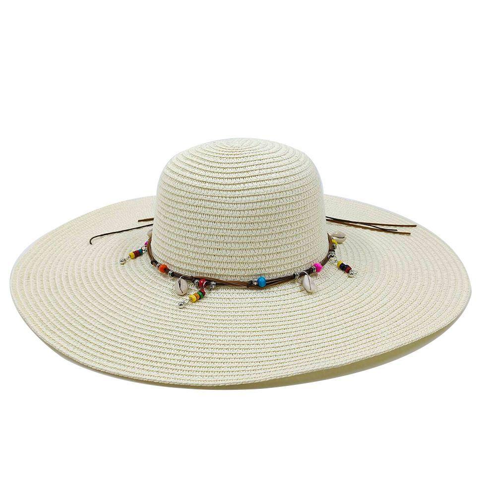 Ladies' Summer Straw Hat 13CM Large Brimmed Beach Hat Sunshade Hat Outdoor Beach Travel Hat Foldable