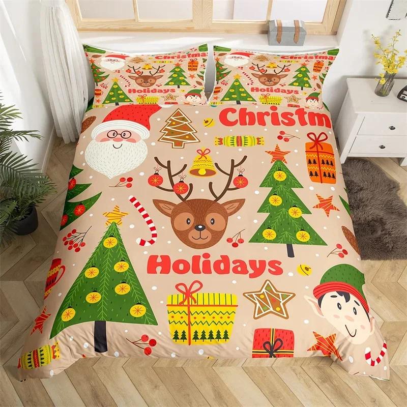 Christmas Theme Duvet Cover Set Single King Queen Twin Cartoon Santa Claus Bedding Set Microfiber Xmas Deer Comforter Cover