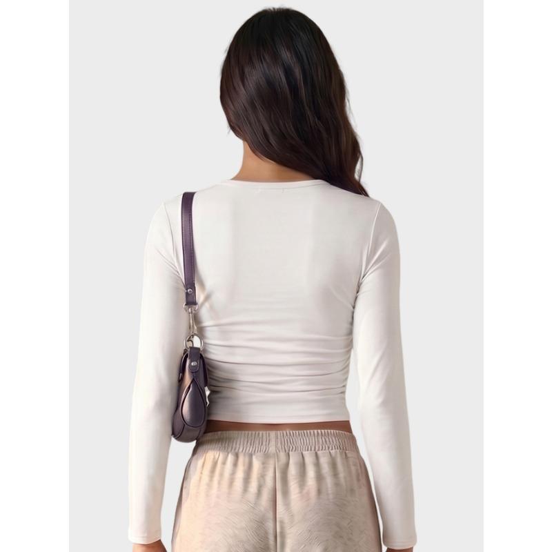 Women Side Ruched Long Sleeve Slim Fit Thin Sunscreen Casual Base T Shirt