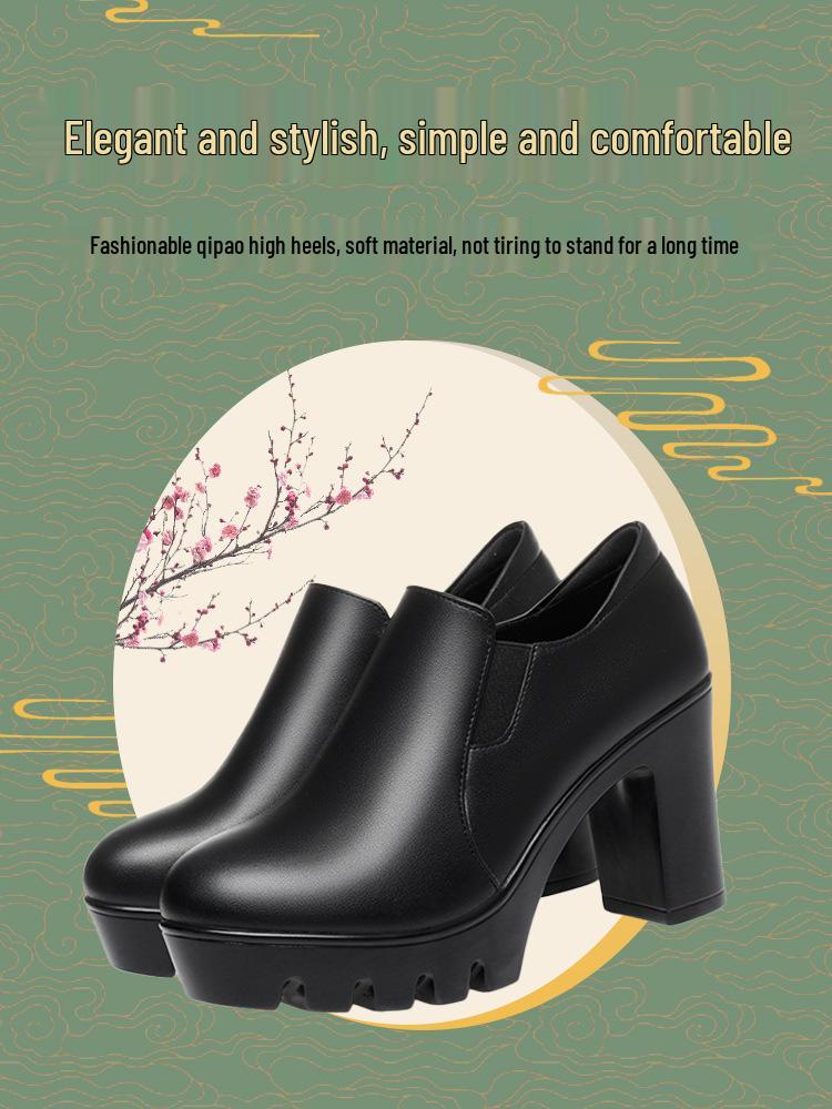 Women's Chunky Heel Platform Loafers - 2024 Spring/Autumn, Round Toe, Leather, Slip-On, Waterproof.