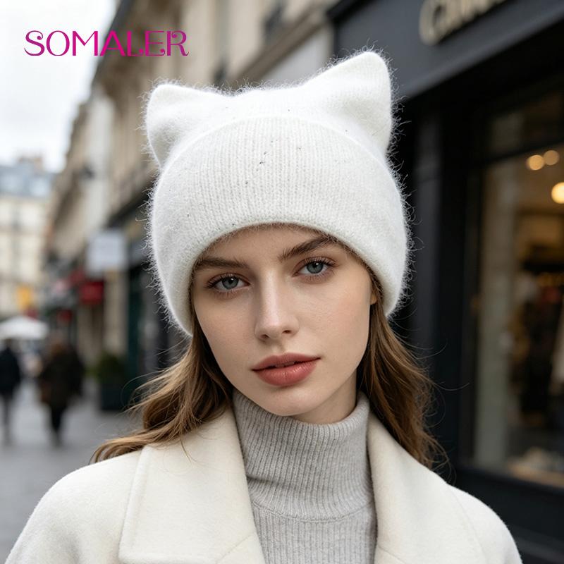 SOMALER Women's Autumn Winter Angora Knit Warm Hat with Brim and Sequin Decoration Cute Cat Design Beanie 54-58cm