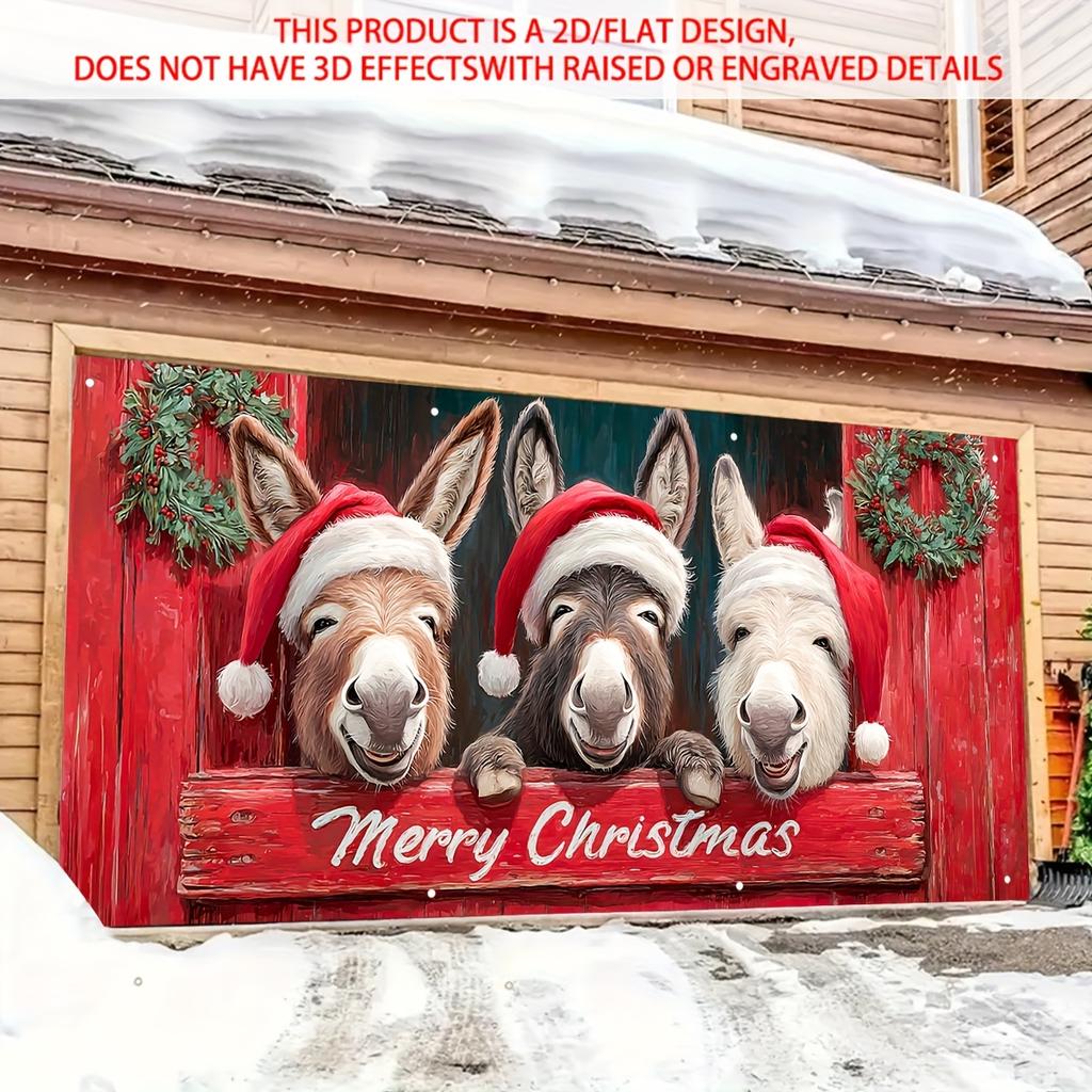 1pc Large and interesting Christmas garage banner - three donkeys wearing Santa hats, a Merry Christmas sign